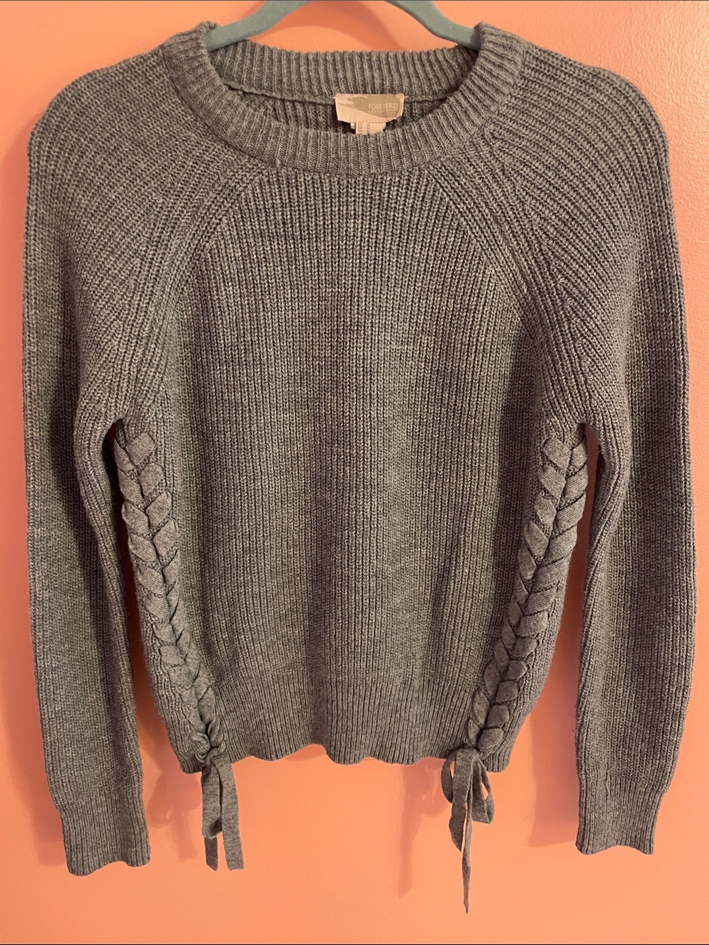 Forever 21 Gray Braided Side-Tie Crewneck Sweater